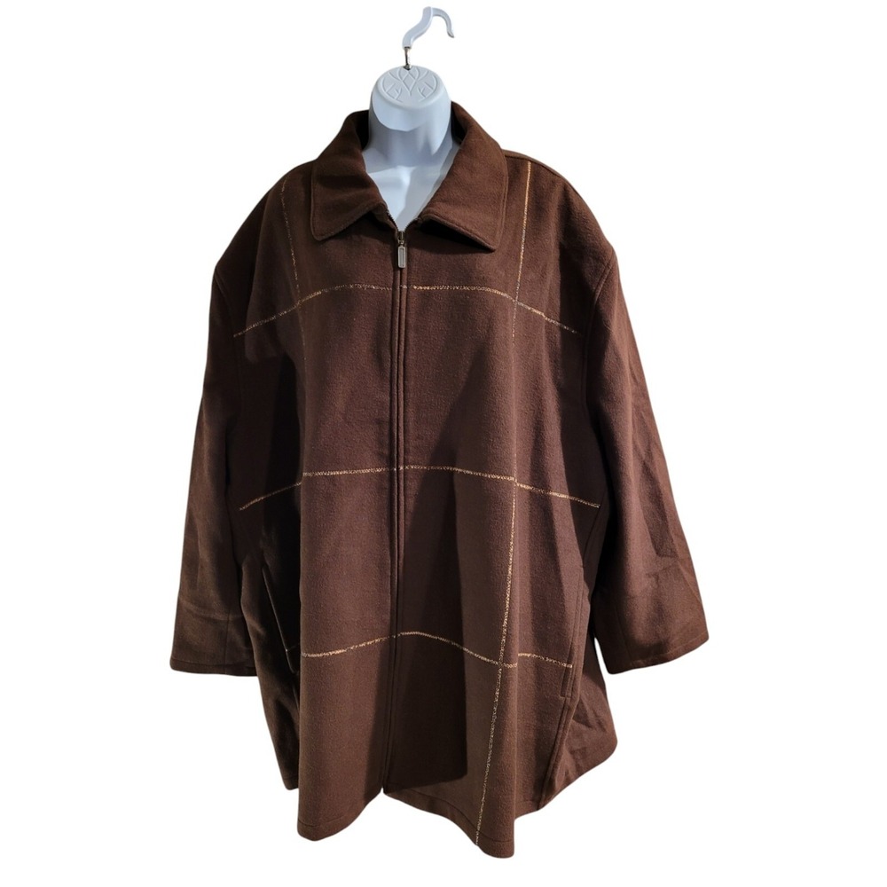Vintage Womens 3X Wool Blend Winter Jacket Brown Full Zip Pockets